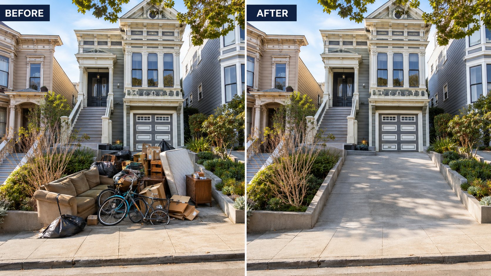 Before and after junk removal at a San Francisco driveway: cluttered pile of furniture and bikes removed, leaving a clean, clear driveway