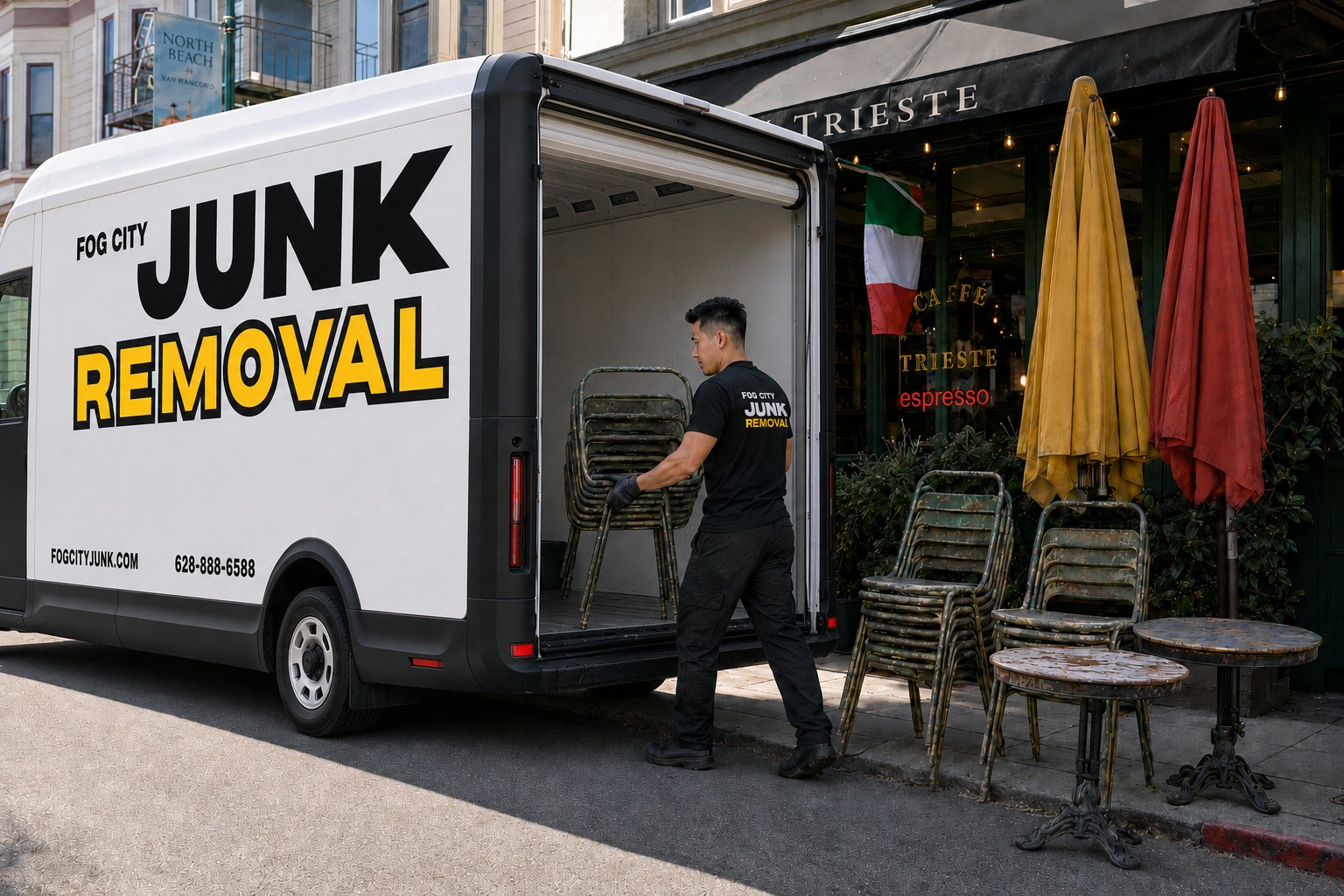 Fog City Junk Removal crew member loading stacked chairs and boxes into the company truck outside a San Francisco cafe