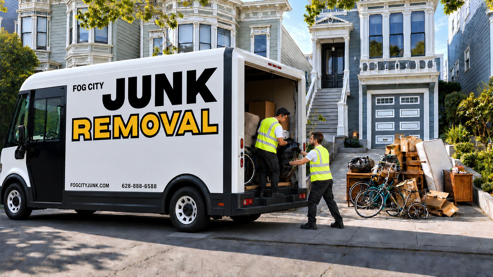 Two Fog City Junk Removal crew members in safety vests loading bagged junk and boxes into the company truck on a San Francisco street
